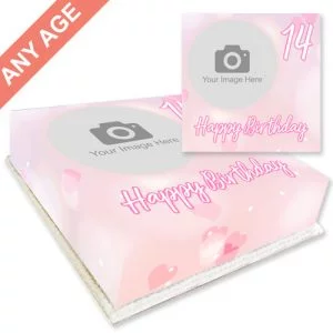 pink birthday cake with photo upload